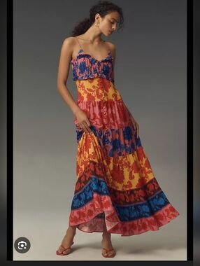 Farm Rio X Anthropologie Vibrant Multicolor Tiered Maxi Dress
